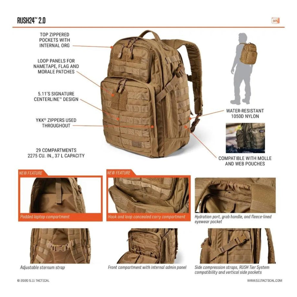 5.11 Tactical Rush24 2.0 Backpack 37L (Kangaroo) KLL-5-565631341SZ