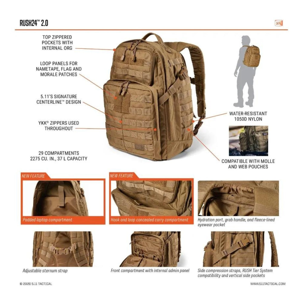 5.11 Tactical Rush24 2.0 Backpack 37L (Ranger Green) KLL-5-565631861SZ