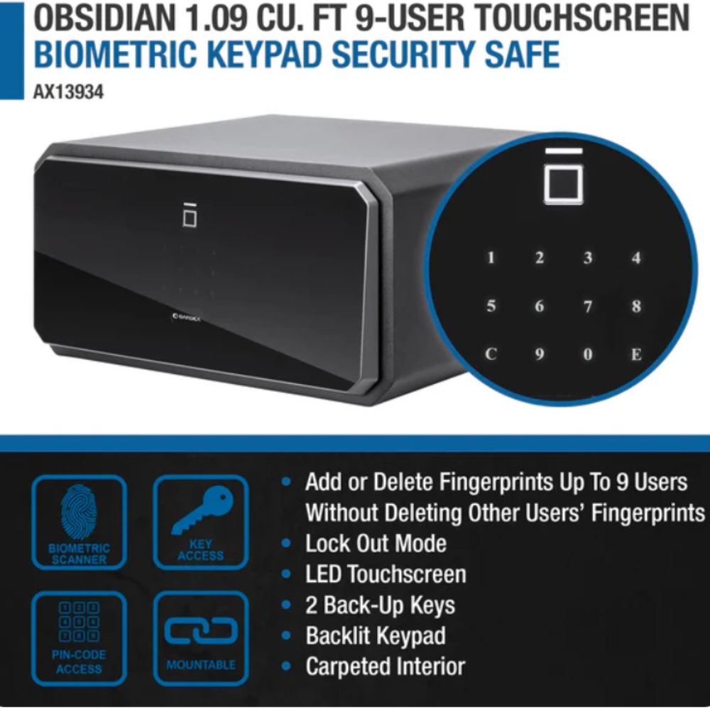 Barska Obsidian 1.09 Cu. ft 9-User Touchscreen Biometric Keypad Security Safe | All Security Equipment