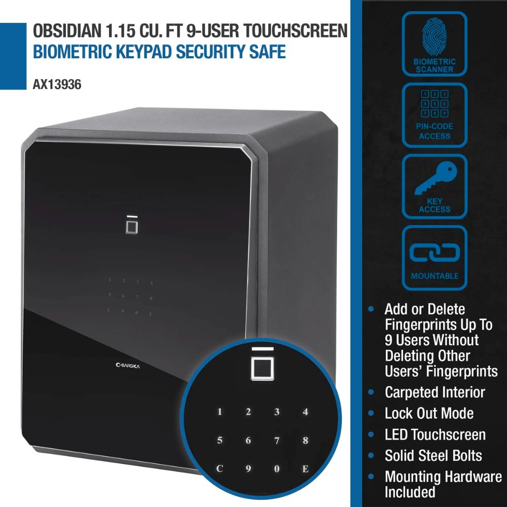 Barska Obsidian 1.15 Cu. ft 9-User Touchscreen Biometric Keypad Security Safe | All Security Equipment