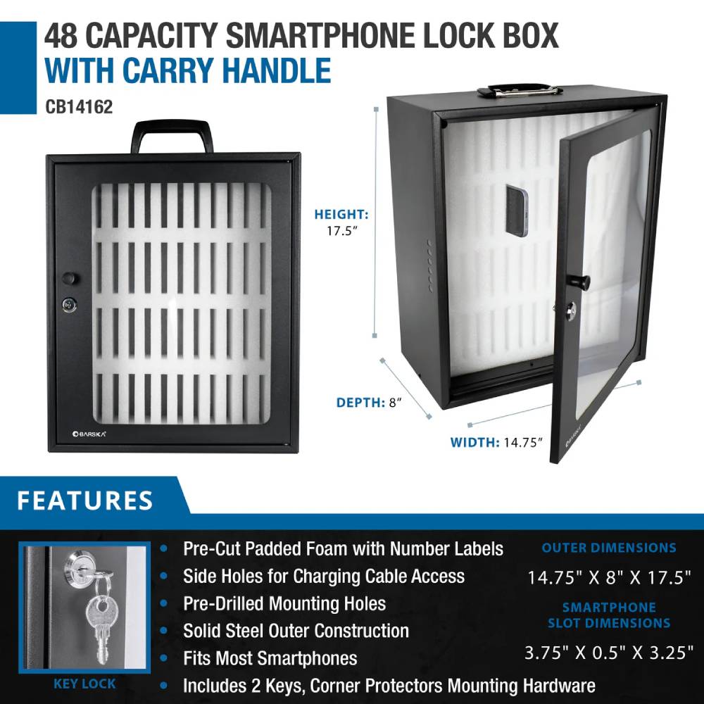 Barska CB14162 48 Capacity Smartphone Lock Box with Key Lock & Carry Handle | ASE