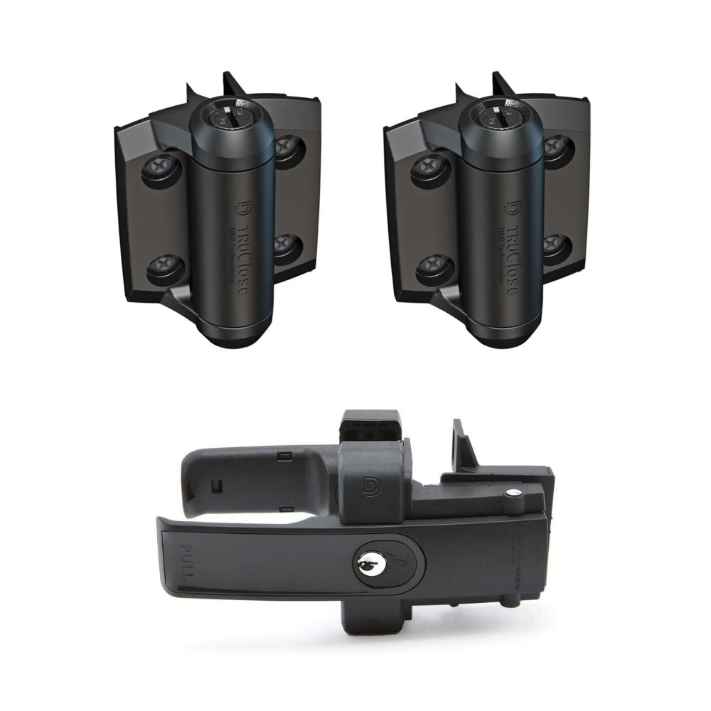 Black gate hinge and latch set for outdoor gates with key lock mechanism | All Security Equipment