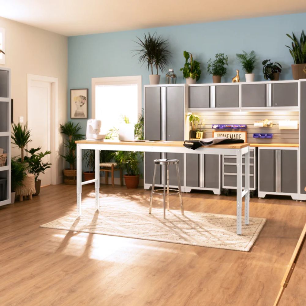 NewAge Pro Series Adjustable Height Workbench White w/ Bamboo Worktop