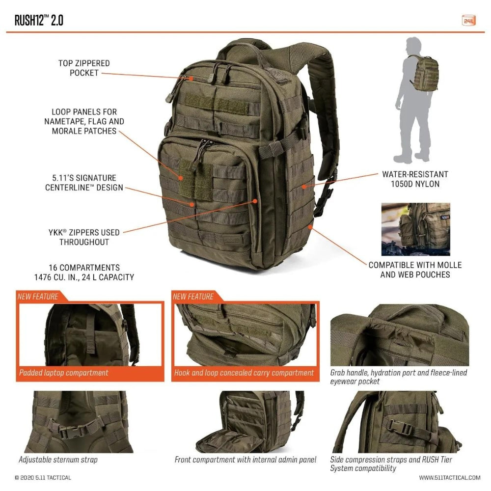 5.11 Tactical Rush12 2.0 Backpack 24L (MultiCam) KLL-5-565611691SZ
