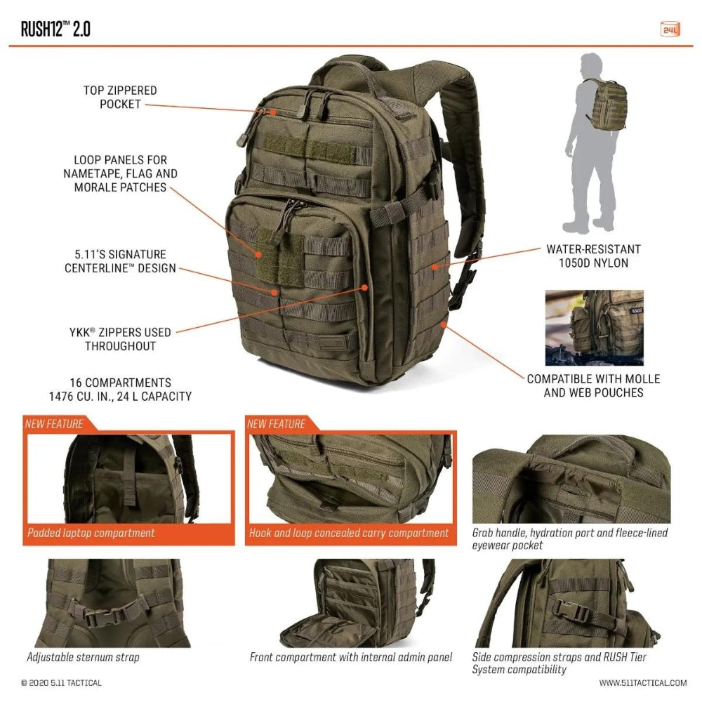 5.11 Tactical Rush12 2.0 Backpack 24L (Ranger Green) KLL-5-565611861SZ