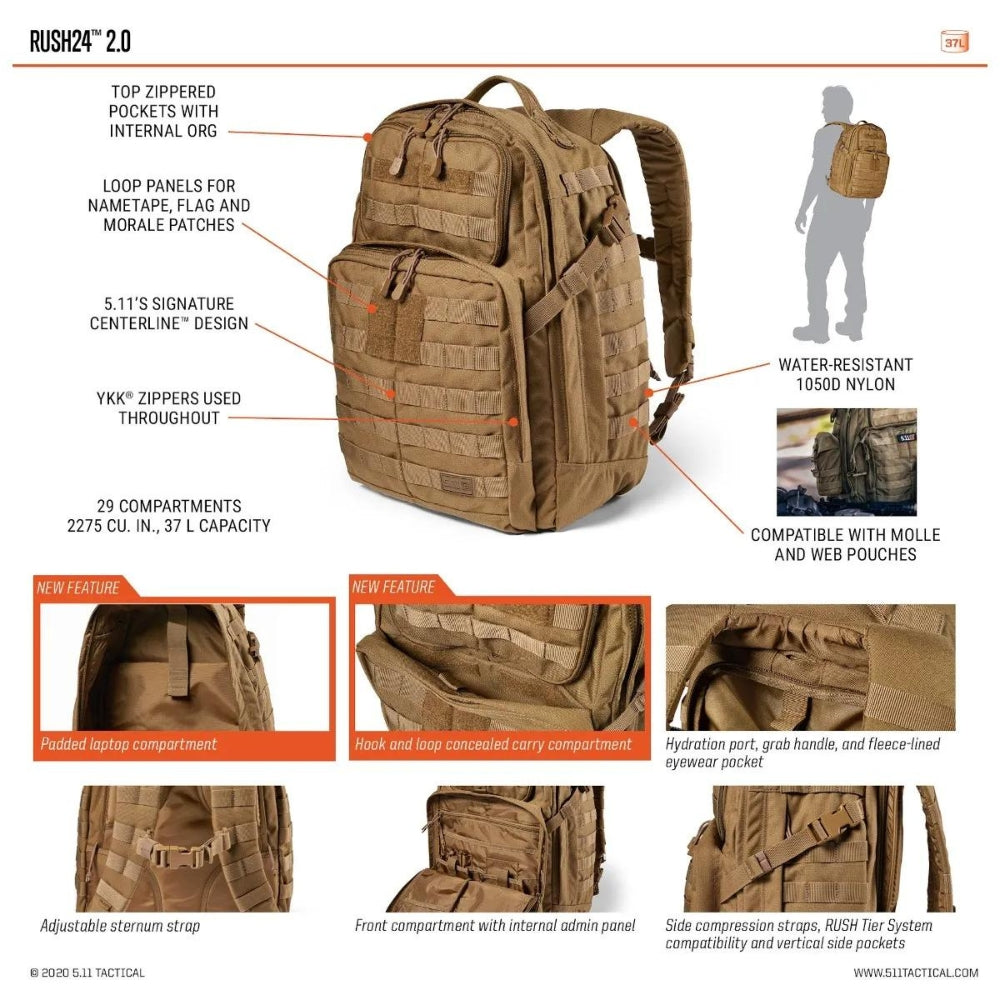 5.11 Tactical Rush24 2.0 Backpack 37L (Black) KLL-5-565630191SZ