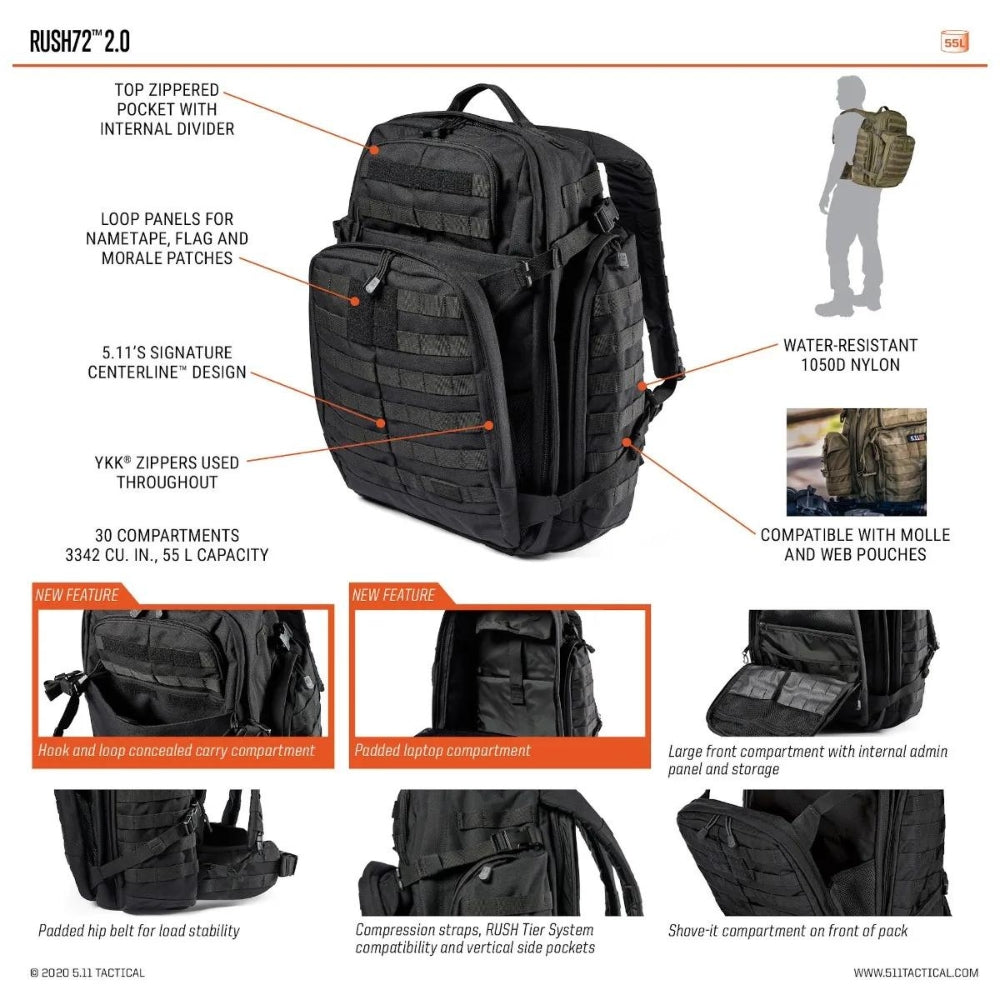 5.11 Tactical Rush72 2.0 Backpack 55L (Ranger Green) KLL-5-565651861SZ