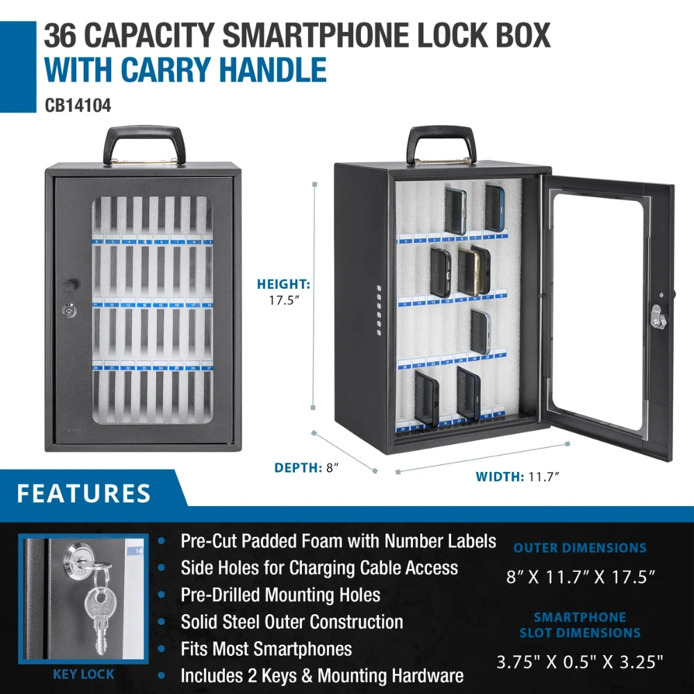 Barska CB14104 36 Capacity Smartphone Lock Box with Key Lock & Carry Handle | All Security Equipment