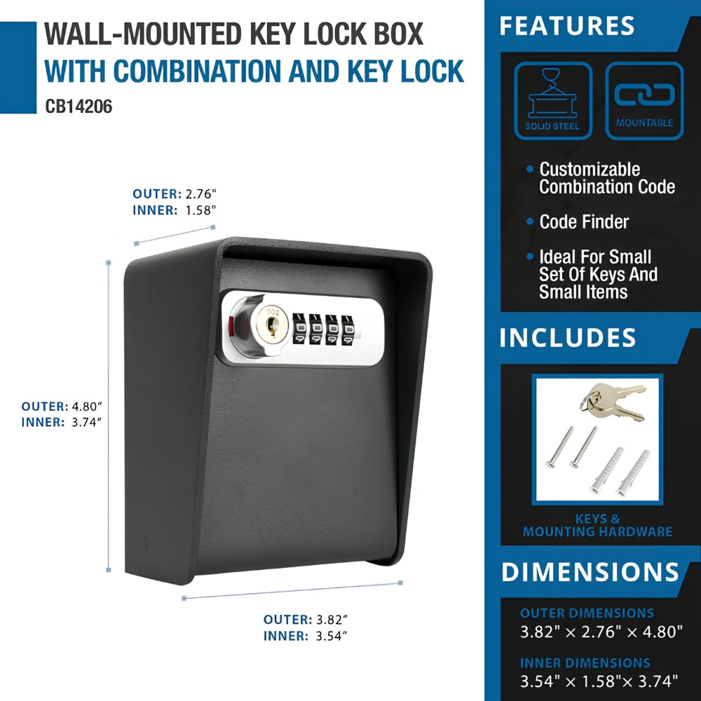 Barska CB14206 Wall-Mounted Key Lock Box with Combination and Key Lock | ASE