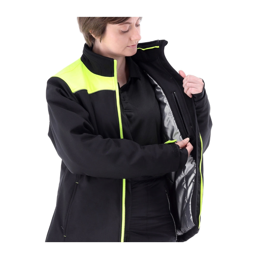 RefrigiWear Women's Two-Tone HiVis Insulated Softshell Jacket (Black/Lime) | All Security Equipment