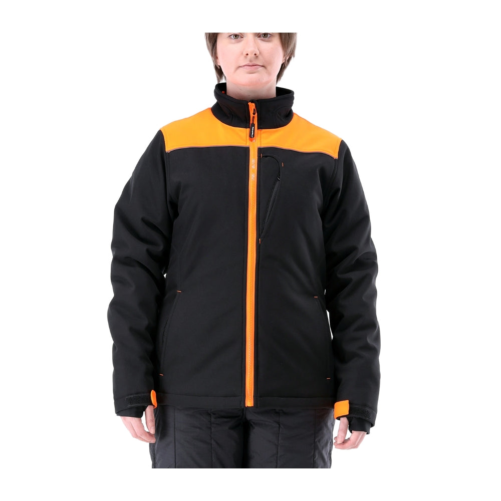 RefrigiWear Women's Two-Tone HiVis Insulated Softshell Jacket (Black/Orange) | All Security Equipment