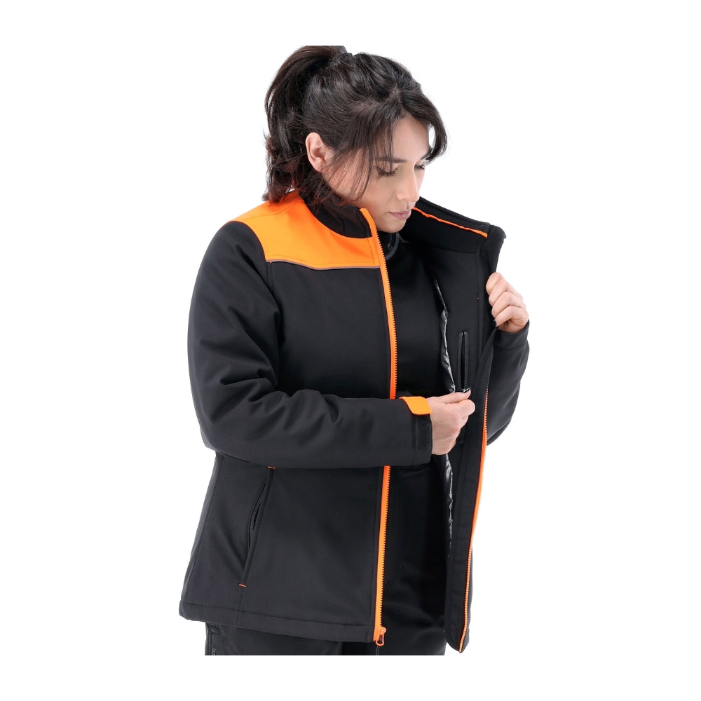 RefrigiWear Women's Two-Tone HiVis Insulated Softshell Jacket (Black/Orange) | All Security Equipment