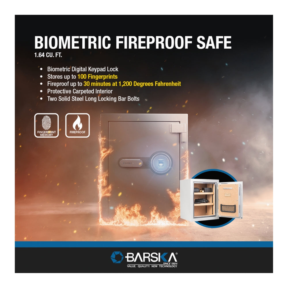 Barska Biometric Fireproof Safe, 1.64 Cu. Ft., Metallic Grey AX13494