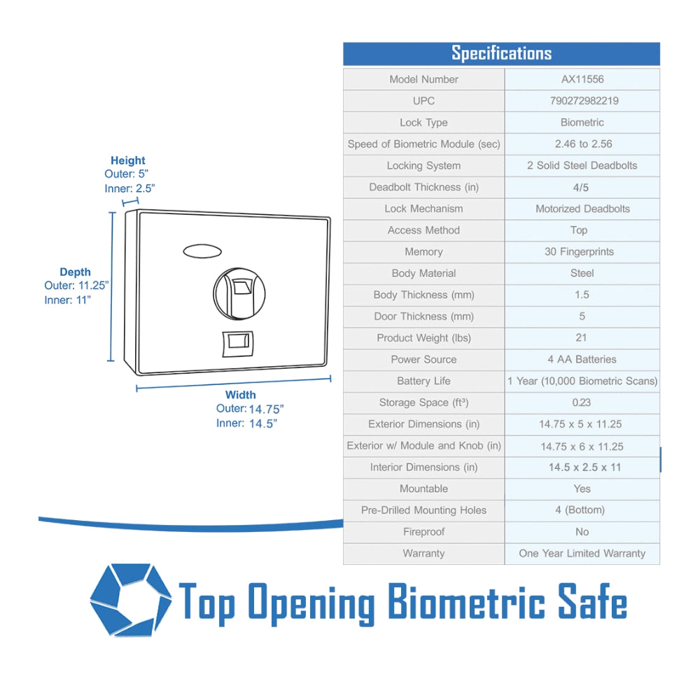 Barska Top Opening Drawer Safe with Fingerprint Lock AX11556